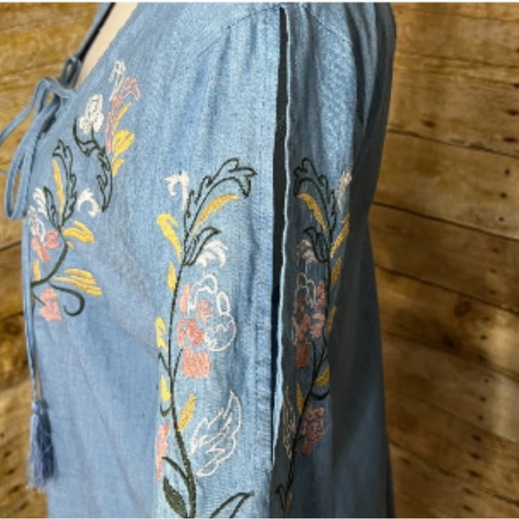 Flying Tomato Plus Size 1X Embroidered Boho Chambray Dress Lace Up Tassel - Picture 5 of 7